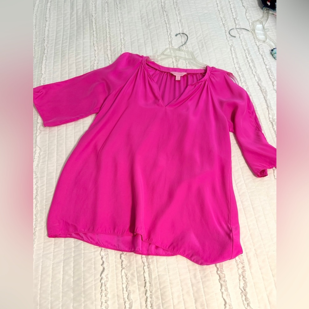 Lilly Pulitzer Bryce 100% Silk Blouse XS Resort Luxury Beach Tropical HOT PINK